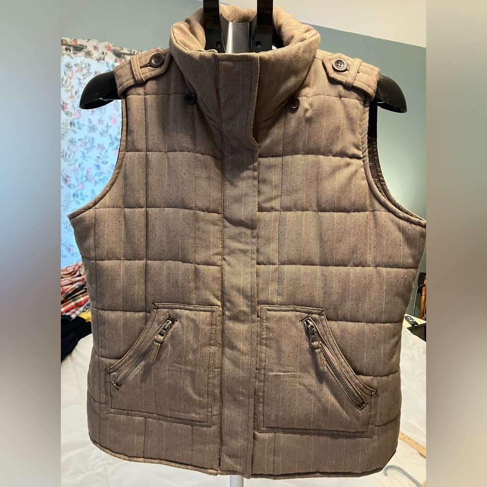 New York Classics Quilted Vest Brown Herringbone Utility Zip Snap Mens L